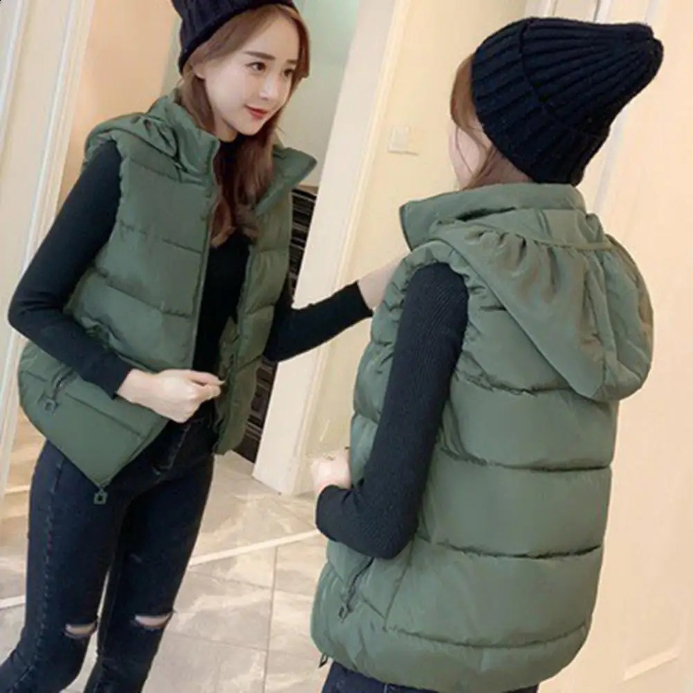 Soft Women Hooded Vest Zipper Pockets Keep Warm Casual Style Vest Coat Autumn Winter Sleeveless Clothing 240813