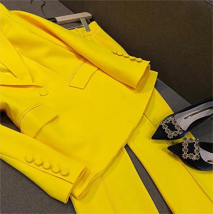 All season Lemon Yellow Office Womens Set Double layered Long sleeved Trailblazer Flared Pants Solid Two piece 240812