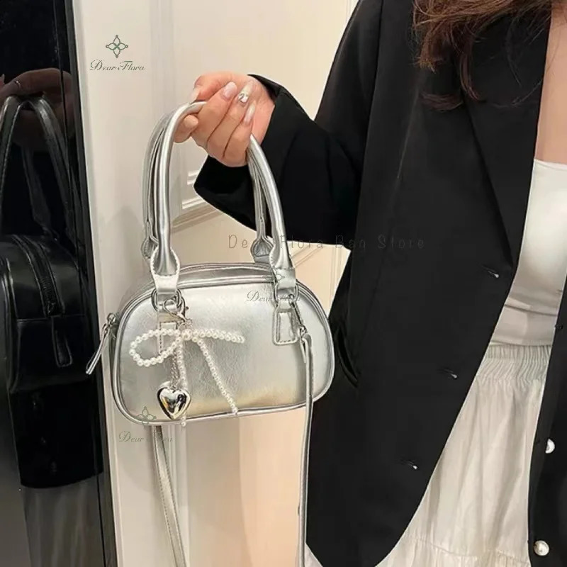 Cute and fashionable womens mini shoulder bag PU leather bow cross body elegant silver party handbag sweet little wallet 240813