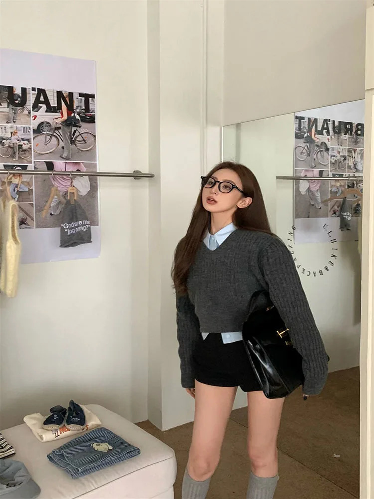 Basic Grey Cropped Sweater Women Vintage Korean Style Slim Gray Long Sleeve Knit Jumper Female Preppy Fashion 240812