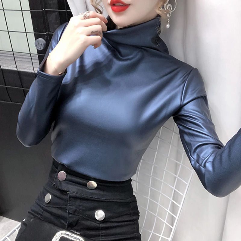 Shintimes Turtleneck Soft PU Leather Tshirt Womens Long Sleeve Winter Warm Clothing Camisetas De Mujer 240812