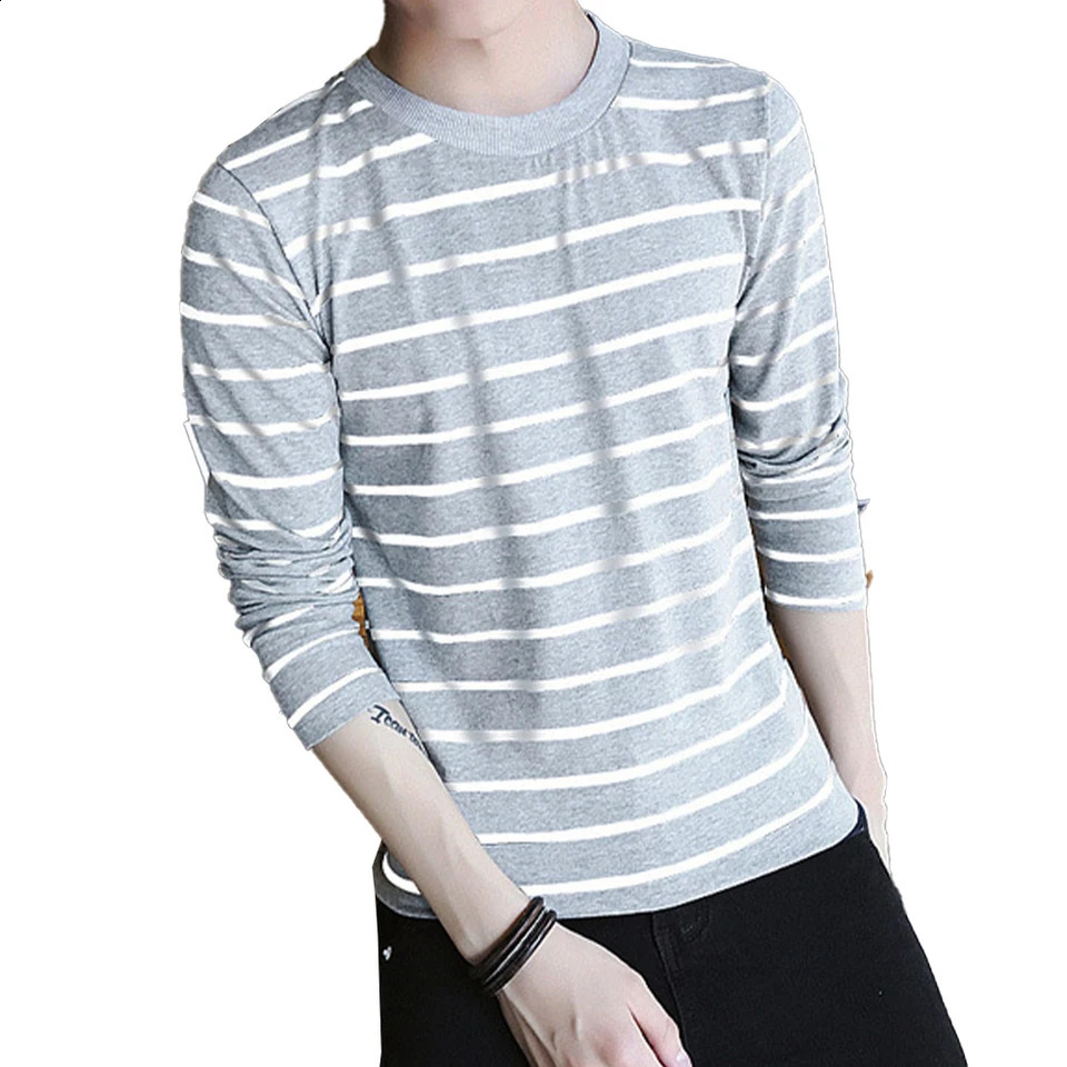 Trendy Mens Crew Neck T Shirt Stripe Long Sleeve Tops Blouse for Sports and Everyday Wear White/Black/Red/Gray 240812