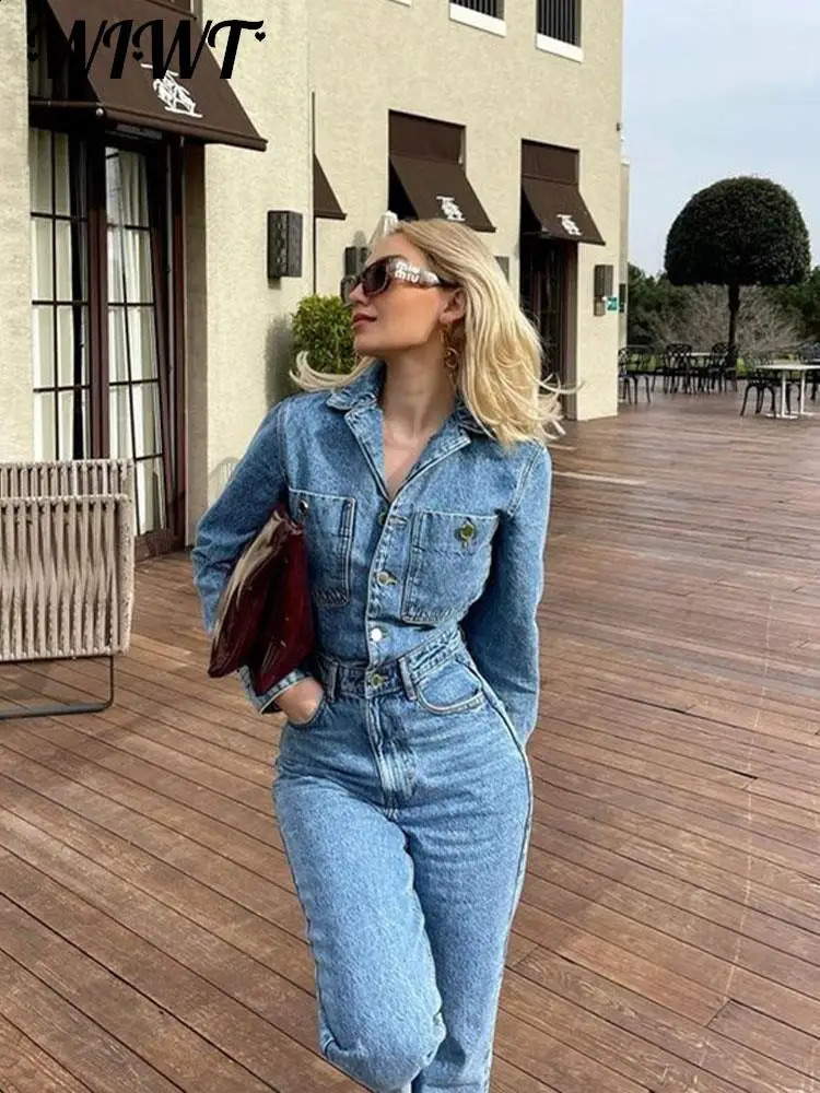 Women Y2k Denim Jumpsuit Long Sleeve Elegant Jumpsuits Female Lapel Jeans Overalls Streetwear Summer Office Lady Romper 240813