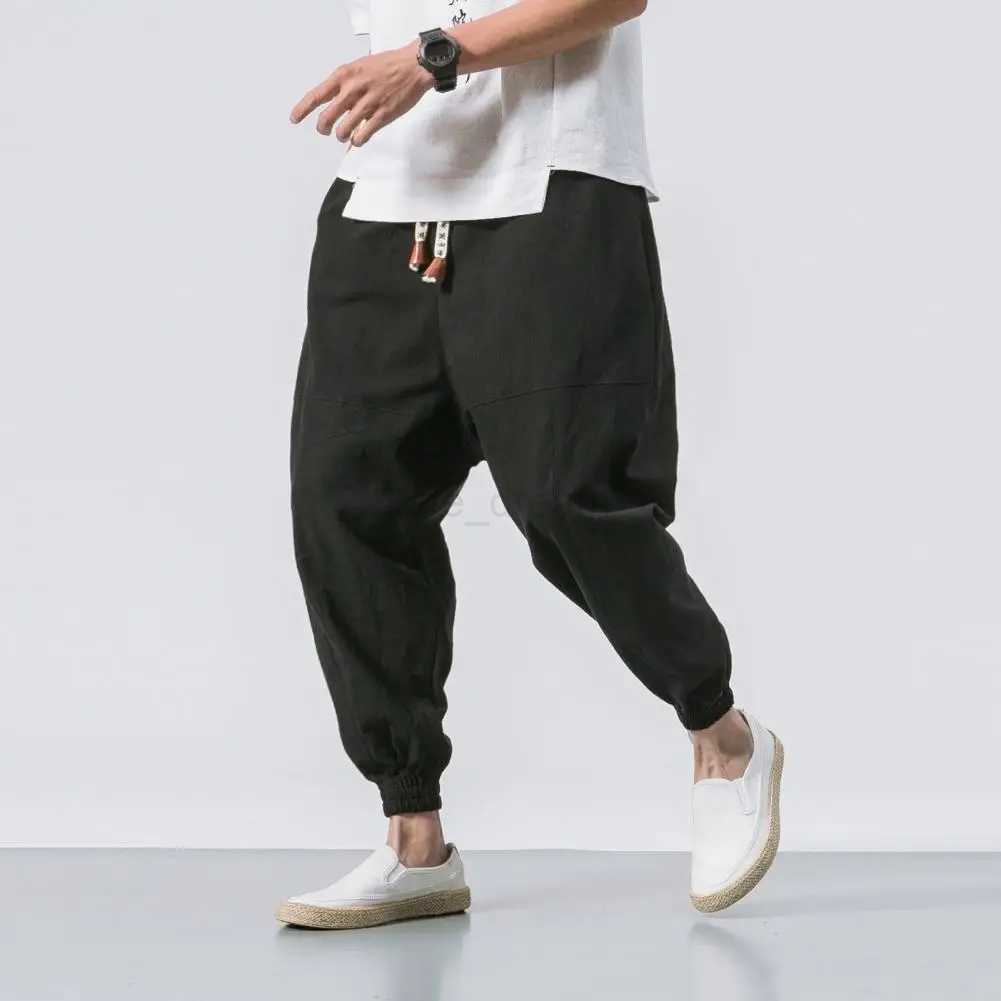 Cotton Men Harem Pants Harem Pants Men Solid Elastic Waist Streetwear Joggers Japanese Style Loose Ankle Length Pockets TrousersXJ240813