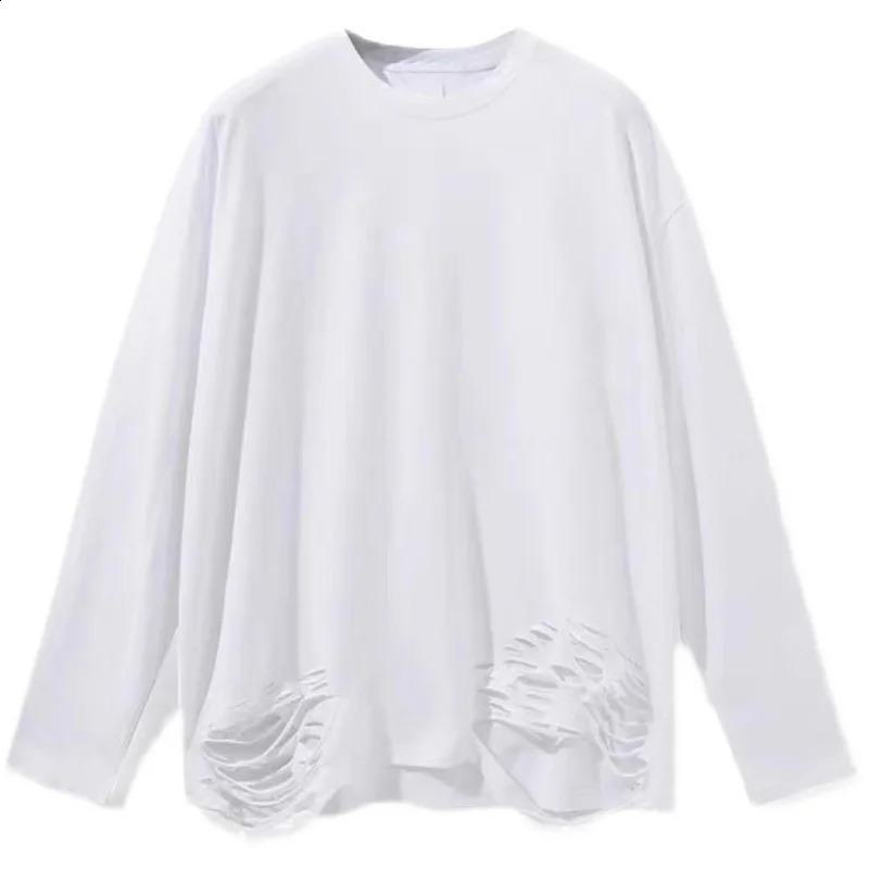 T Shirt for Man Clothing Round Neck Top Solid Color Long Sleeve Social Tee with Harajuku Fashion Ripped T Shirts W48 240812
