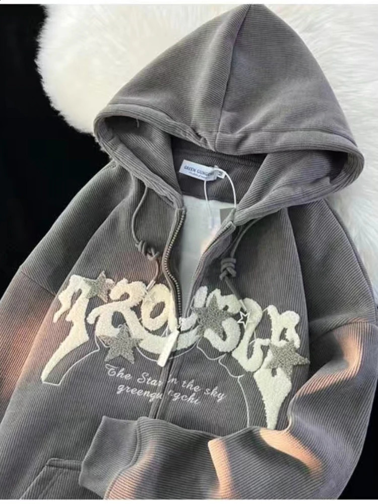 Deeptown Vintage Y2K Zip Up Hoodies Women Harajuku Letter Sweatshirts Hippie Gothic Streetwear Loose Casual Patchwork Top Coats 240812
