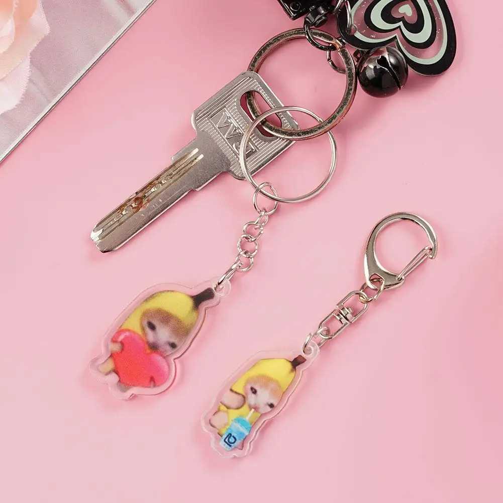2024 Happy Banana Cat Keychain Mobile Keychain Student Gift Fun Cat Bag Pendant Hanging Rope Happy Cat Keychain W240808
