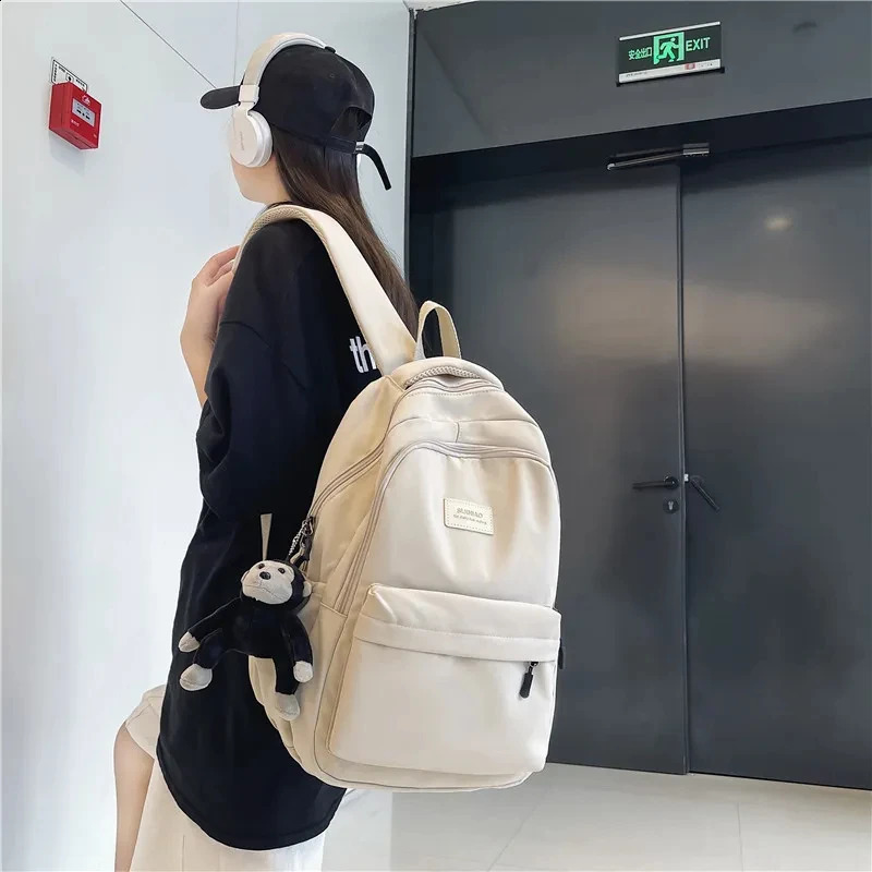 Solid color backpack womens multi pocket university casual laptop 240813