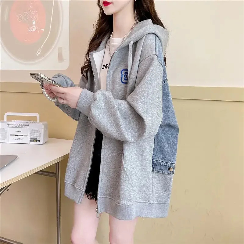 With Zipper Baggy Black Woman Clothing Full Zip Up Hooded Grey Long Splicing Hoodies Womens Sweatshirt Top Loose Matching Kpop 240812