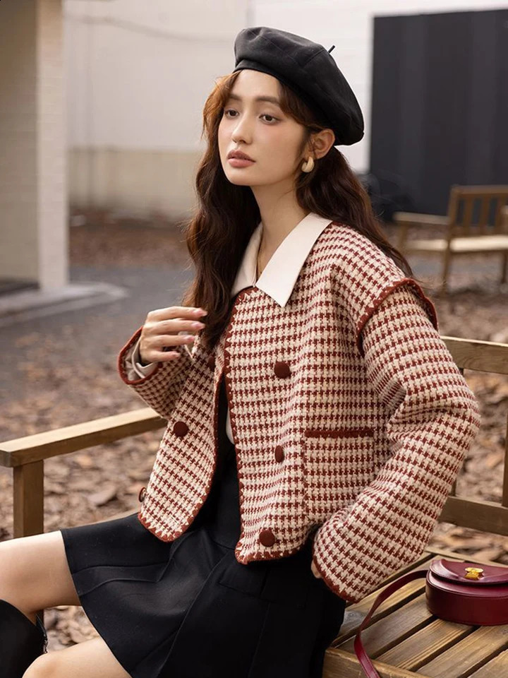 Zoki Vintage Plaid Tweed Jacket Women French Elegant O Neck Coat Casual All Match Streetwear Retro Female Long Sleeve Outwear 240812