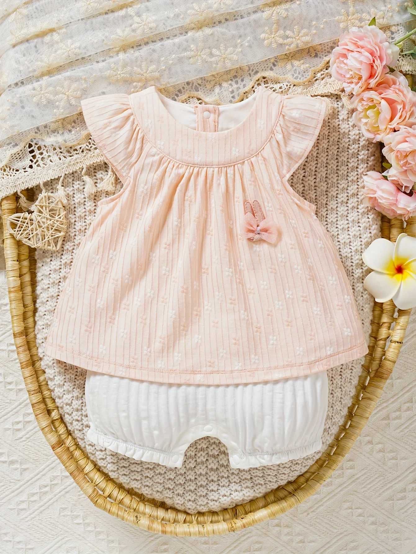 Baby Cute Rabbit Patch Cotton Tight Cute Artificial Two Piece Hat Set Onesie Spring Clothing for Baby Girls W240812