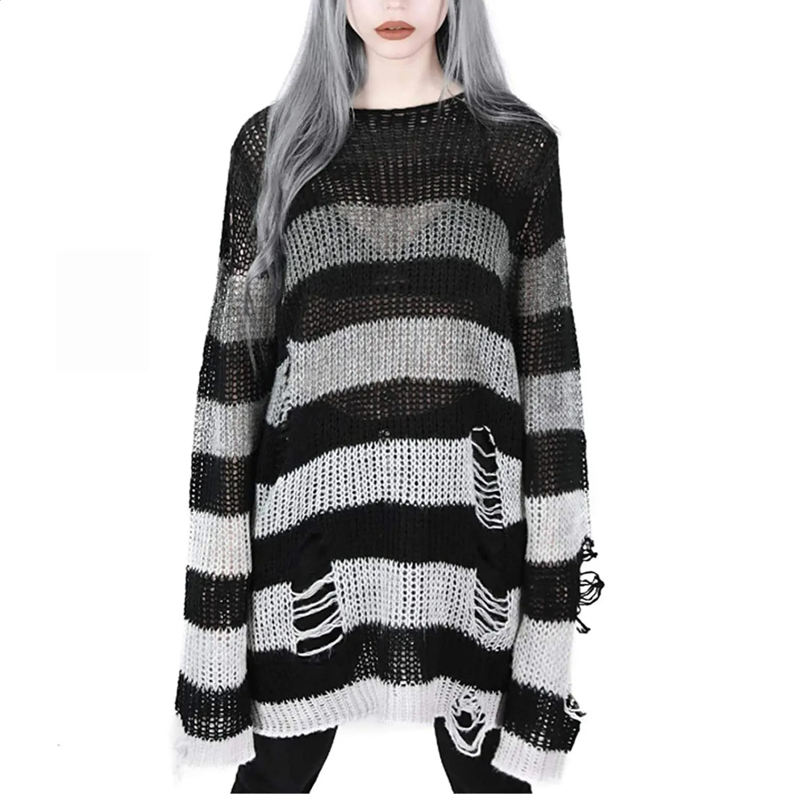 Punk Gothic Long Unisex Sweater Women Striped Cool Hollow Out Hole Pullover Broken Jumper Loose Rock Thin Streetwear Top 240812