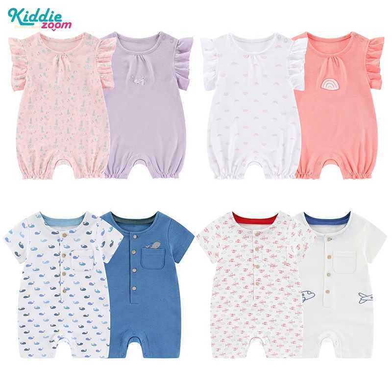 2 pieces of newborn baby girl clothing 0-24M pure cotton baby boy clothing short sleeved waffle baby jumpsuit printed cartoon baby W240812