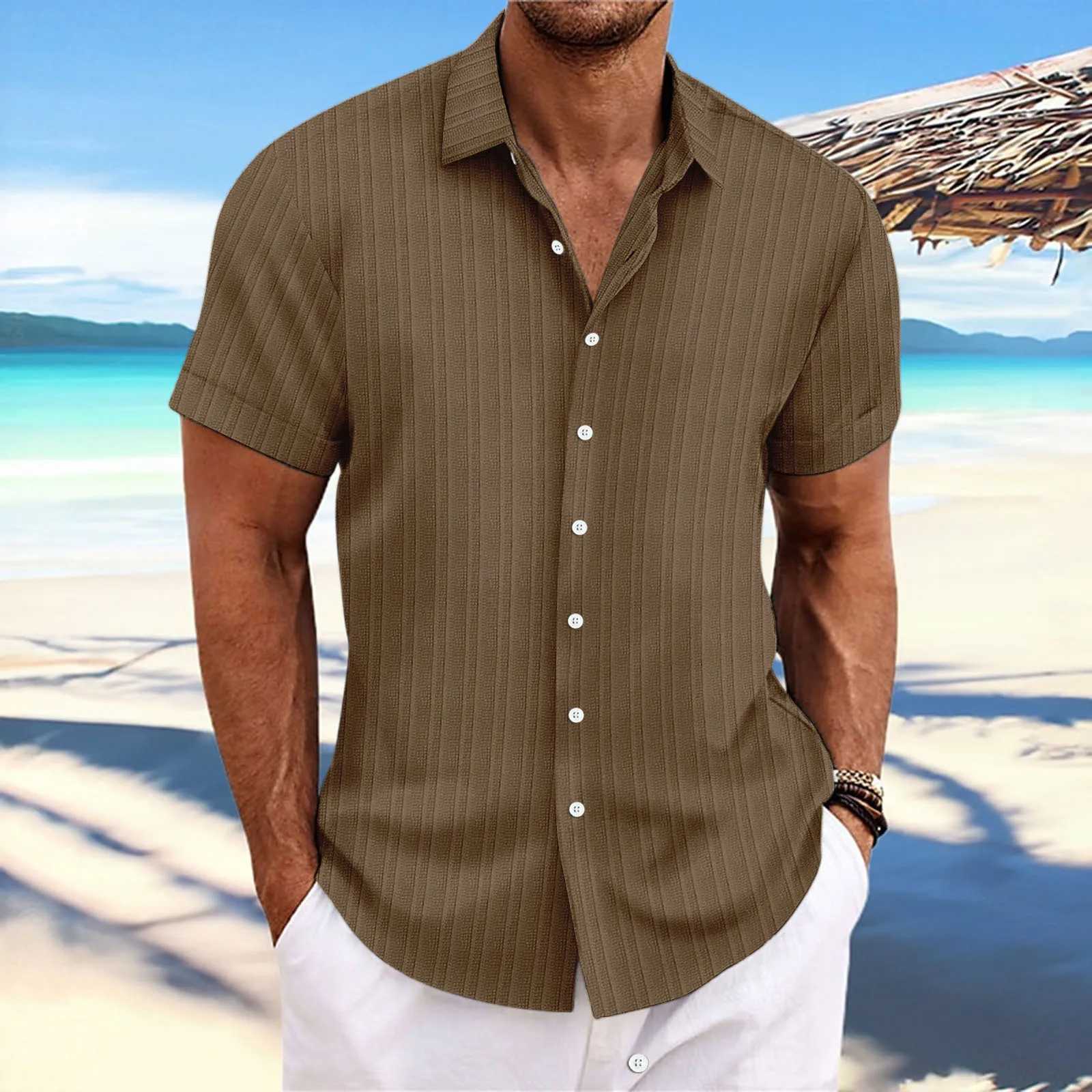 2024 Mens striped jacquard lapel casual fashion comfortable loose short sleeve Hawaiian multicolor shirtXJ250121