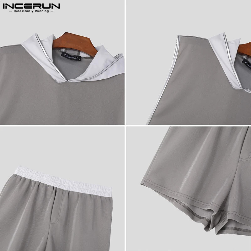 INCERUN 2024 Men Sets Patchwork Streetwear Shiny Hooded Sleeveless Crop Tops Shorts Two Pieces Sets Mens Casual Suits S-5XL 240813