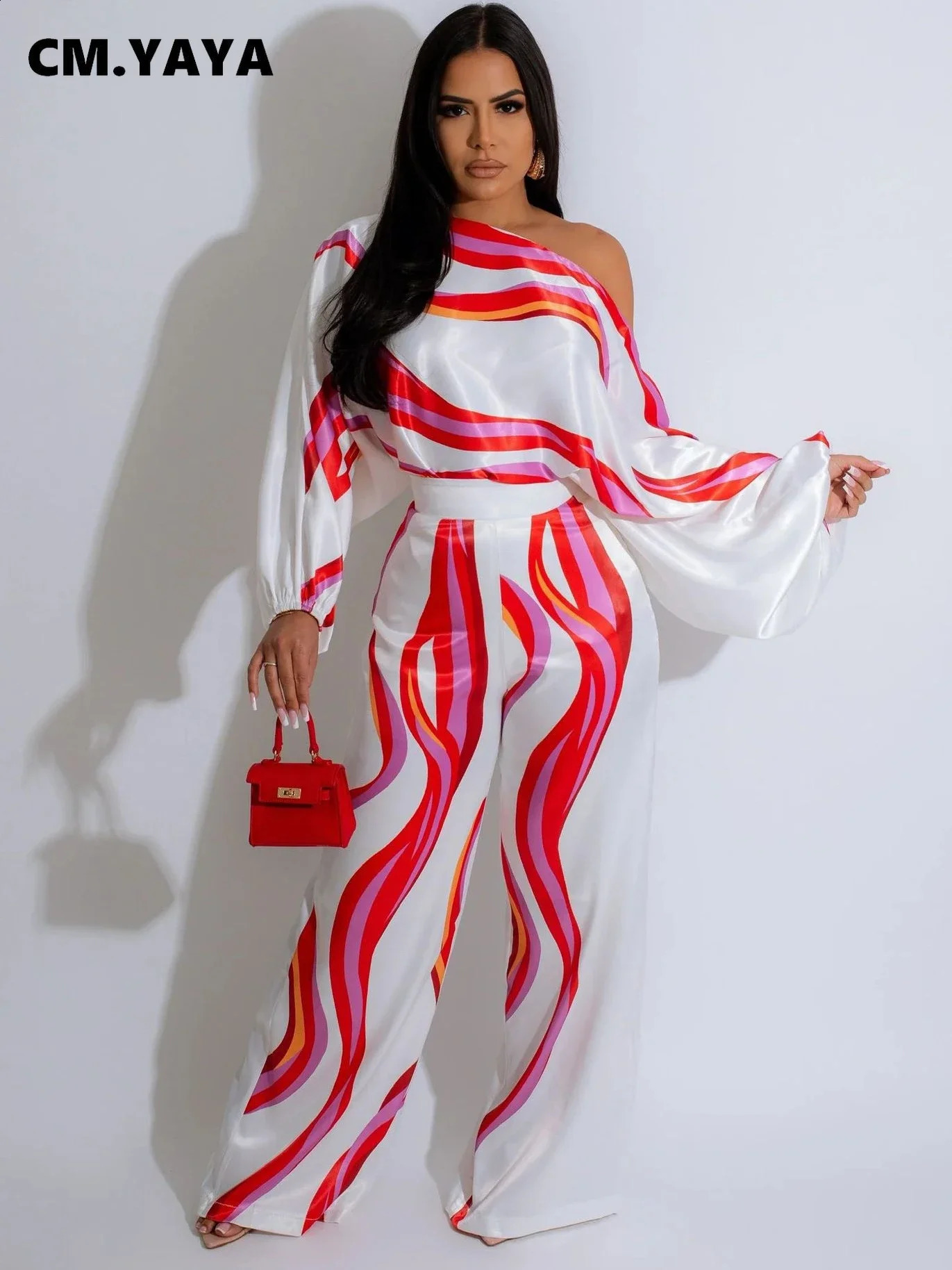 CM.YAYA Striped Satin Womens Set Off Shoulder Batwing Long Sleeve Shirt and Straight Wide Leg Pants Two 2 Piece Set Outfit 240813