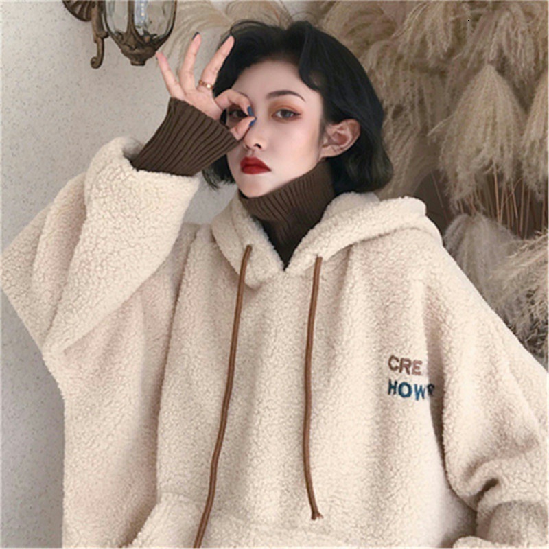 Winter cec with plush and thickened lamb pullover loose hooded fake two piece wool high neck sweatshirt jacket women s fashion 077a0
