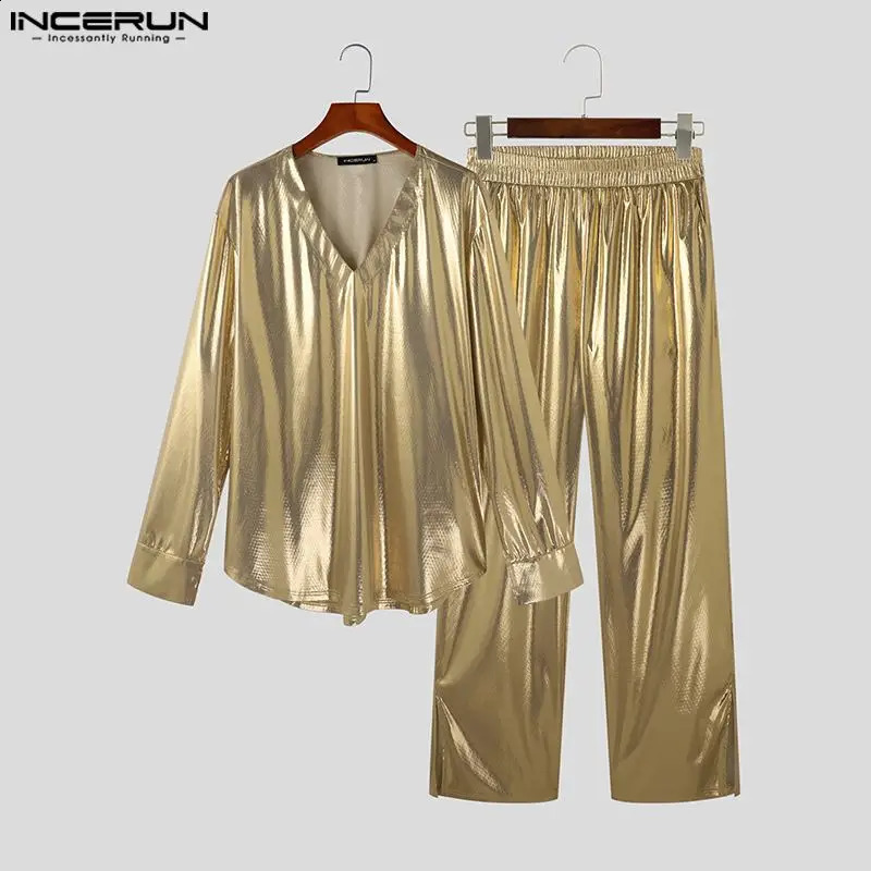 Men Sets Shiny Streetwear V Neck Long Sleeve T Shirt Pants Two Pieces Sets Loose Party Fashion Mens Suits S-5XL INCERUN 240813