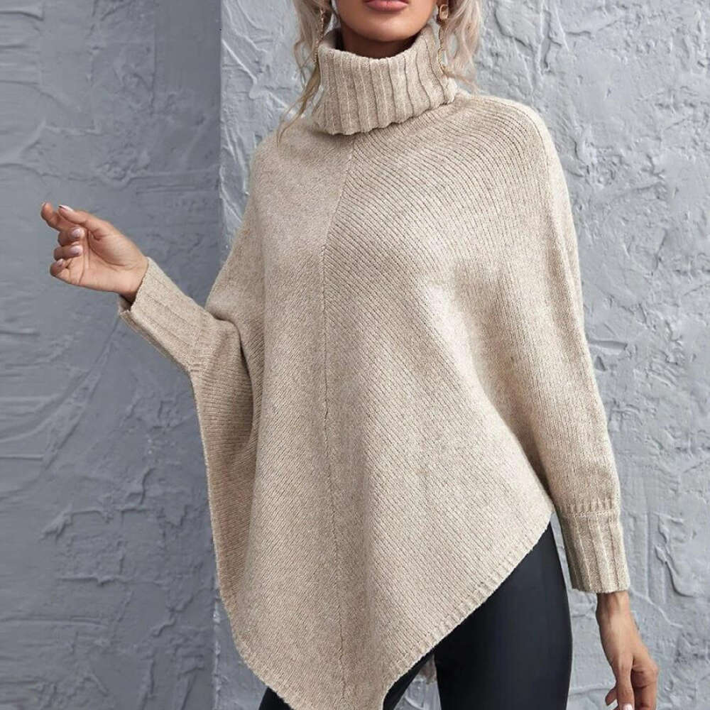 Autumn/Winter High Neck Top Long Sleeve Solid Color Off Shoulder Irregular Knitted Sweater Coat