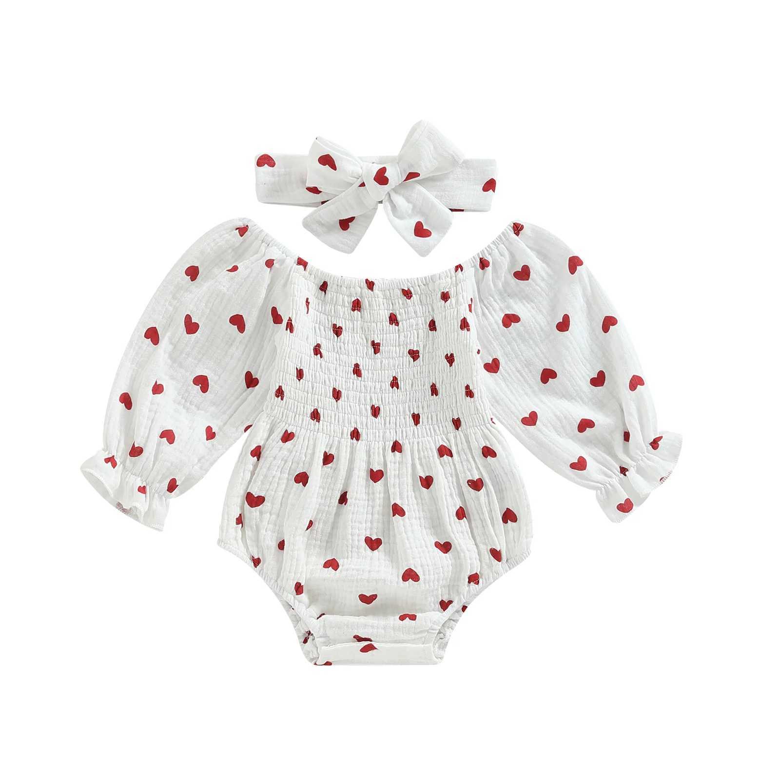 Baby Girls Valentines Day Romper heart-shaped printed long sleeved boat neck jumpsuit for babies autumn and winter tight fitting clothes W240812