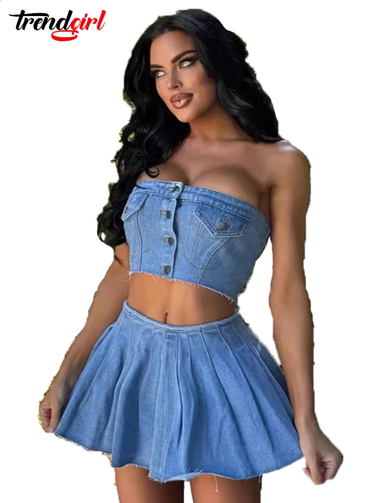 TrendElegant Blue Denim Two 2 Piece Sets Women Sleeveless Tube Strapless Tops and Mini Pleated Skirt Birthday Jean Outfits 240812