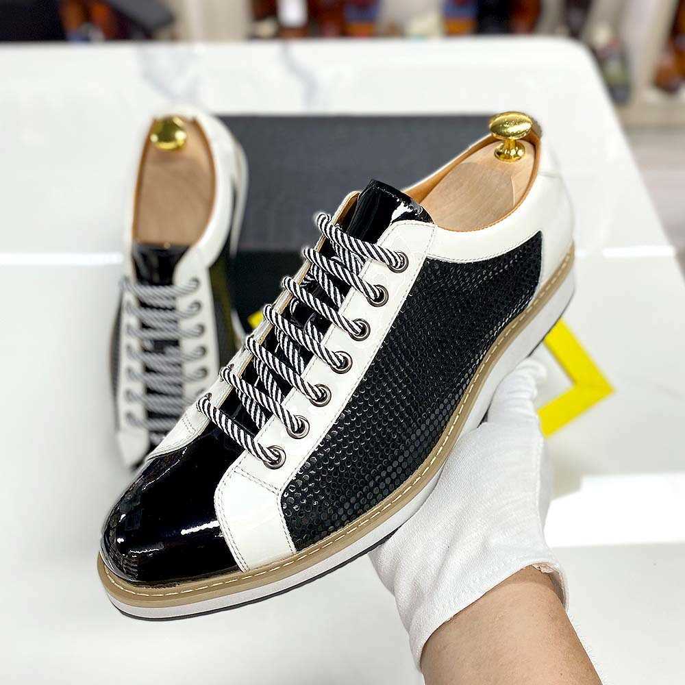CMM Leather Shoes Mens Shoes Fashionable Party Leather Black and White Color Matching Casual Leather Shoes Pointed Handmade
