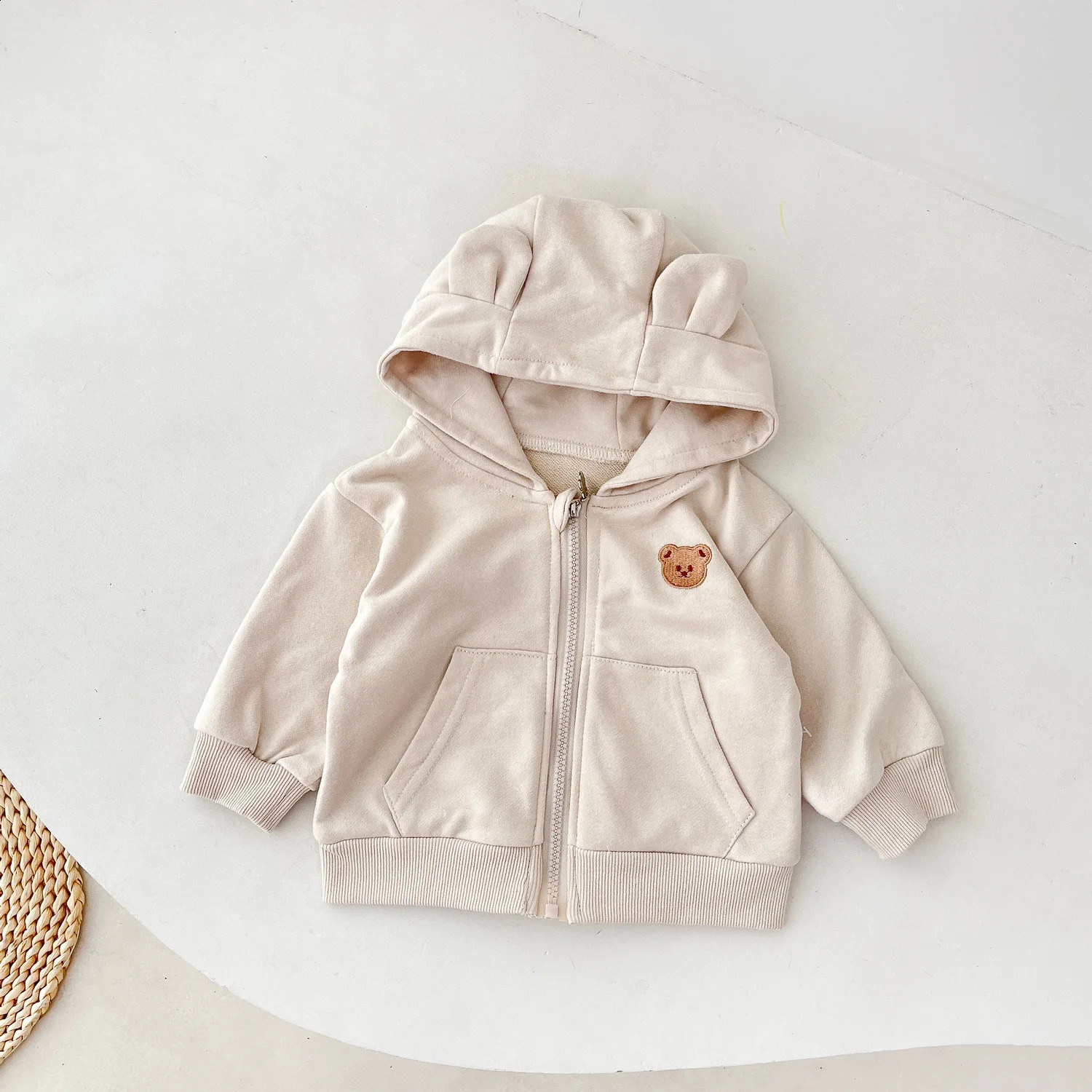 Girl Cute Bear Cardigan Simple Soft Zipper Hoodies 0-3y Infant Baby Solid Comfortable Coat Toddler Boy Pocket Coats 240806