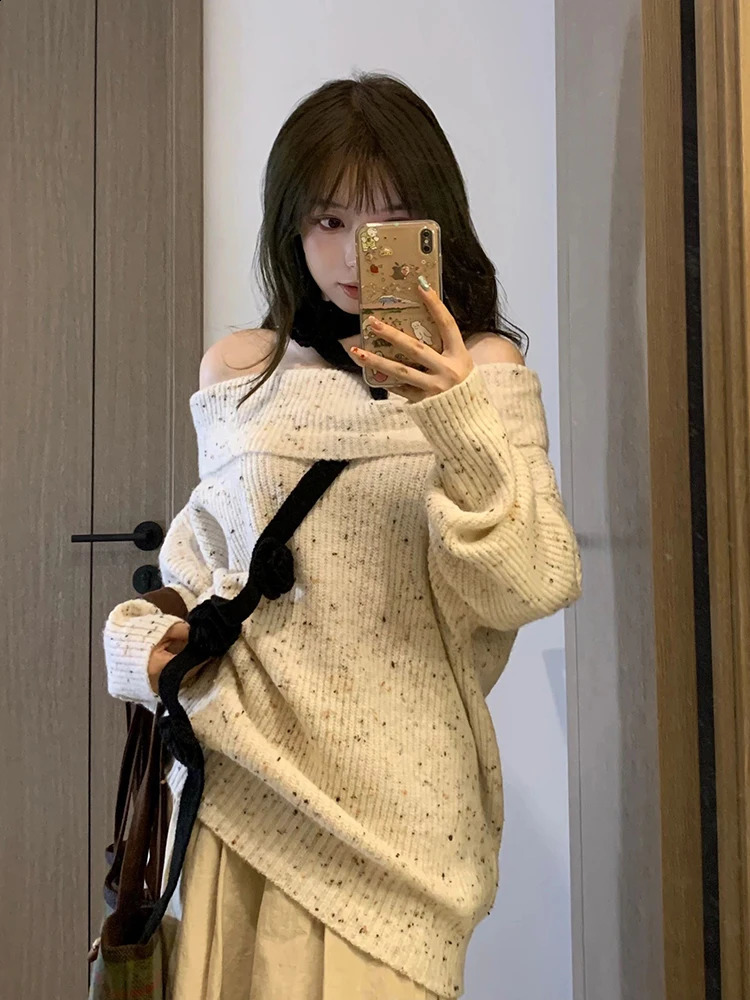 Women Apricot Pullover Knitted Sweater Harajuku 90s Aesthetic Long Sleeve Jumper Sweaters Korean Y2k 2000s Vintage Clothes 240812
