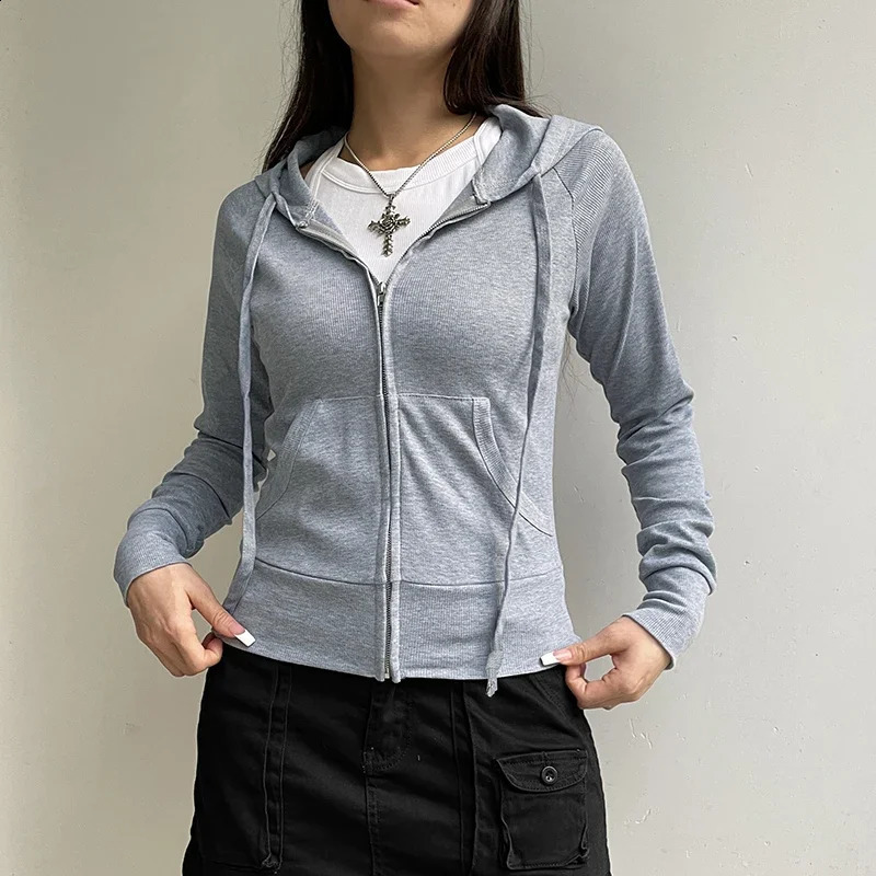 Y2k Aesthetic Vintage Zipper Hooded Hoodies Women Solid Color Long Sleeve Grunge Ribbed Sweatshirt Harajuku Casual Pullovers 240812