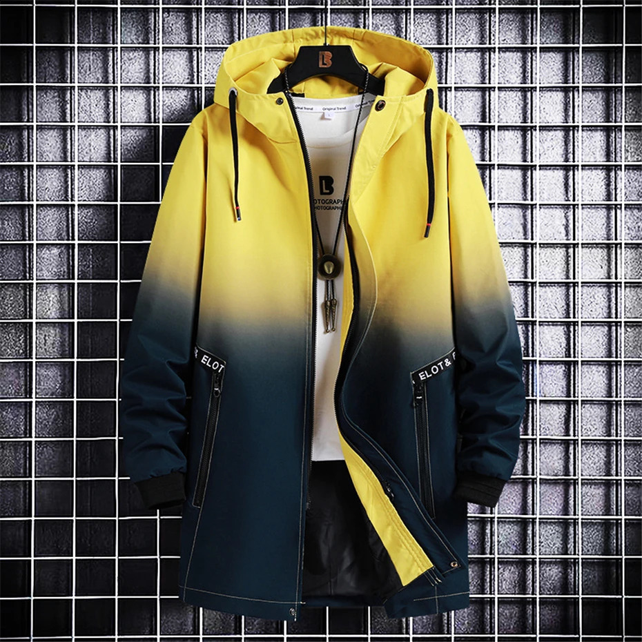 Long Cargo Jacket Men Plus Size 10XL Jackets Gradient Windbreak Spring Autumn Hooded Coat Male Black Windbreak Long Style 240812