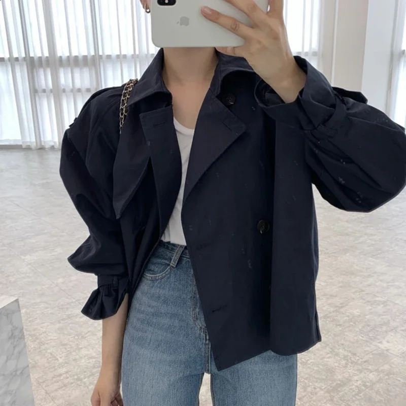 Korean Double Breasted Loose Short Long Sleeve Trench Coat Women Simple Retro Spring 2024 Jackets Fashion Streetwear Windbreaker 240813