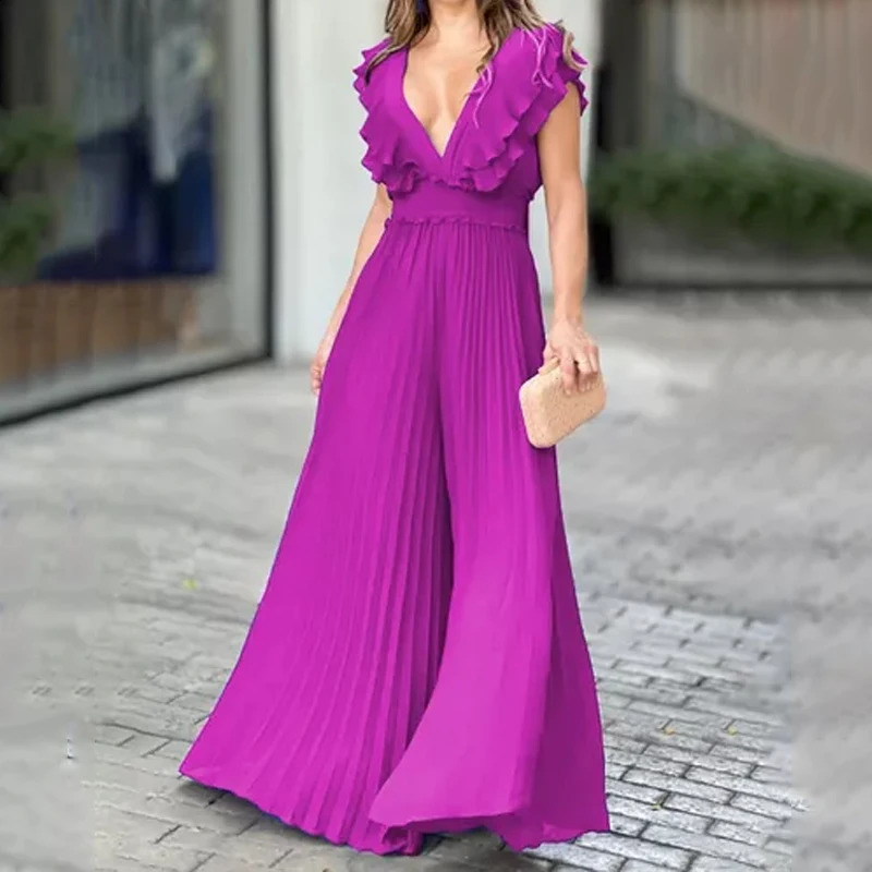 Wefads Jumpsuit Summer Elegant Women Solid Color Sleeveless V Neck Ruffled Backless Nipped Waist Wide Legs Loose Pleated Rompers 240813