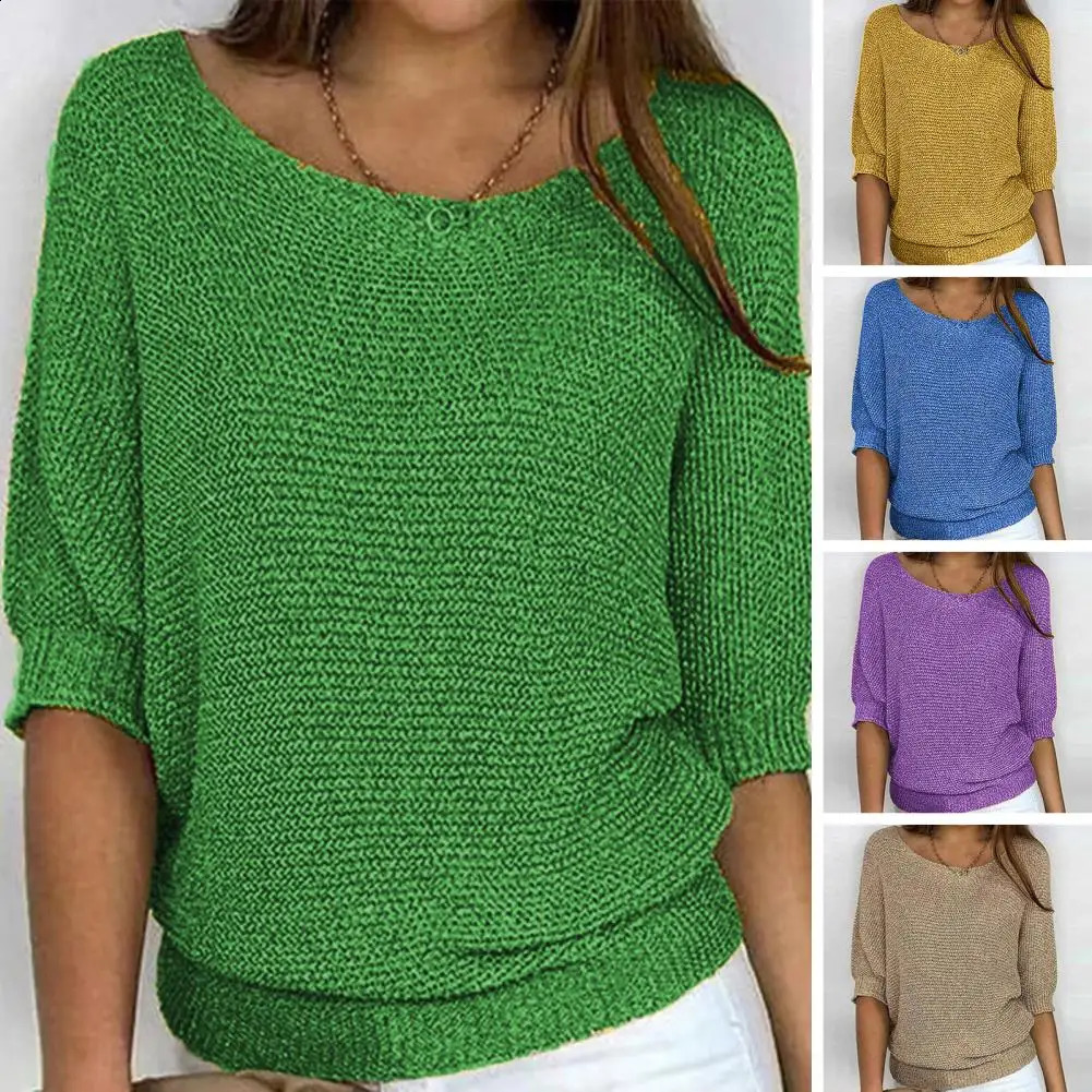 Women Autumn Winter Solid Color Knitting Sweater O-Neck 34 Sleeve Loose Fit Pullover Tops Knitwear Woman Clothing 240813