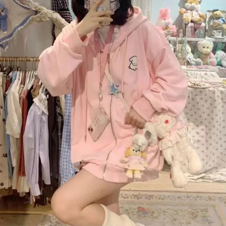 Japanese Kawaii Zip Up Hoodies Women Sweet Girl Star Graphics Embroidery Hooded Sweatshirts Kpop Cute Casual Top Female 240812