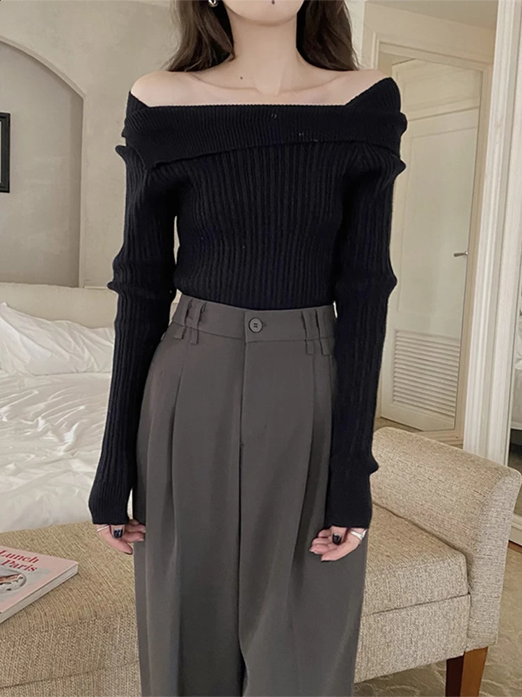 Womens Grey Vintage Pullover Knit Sweater Y2k 90s Aesthetic Harajuku Elegant Long Sleeves Sweaters Fashion 2000s Clothes Autumn 240812
