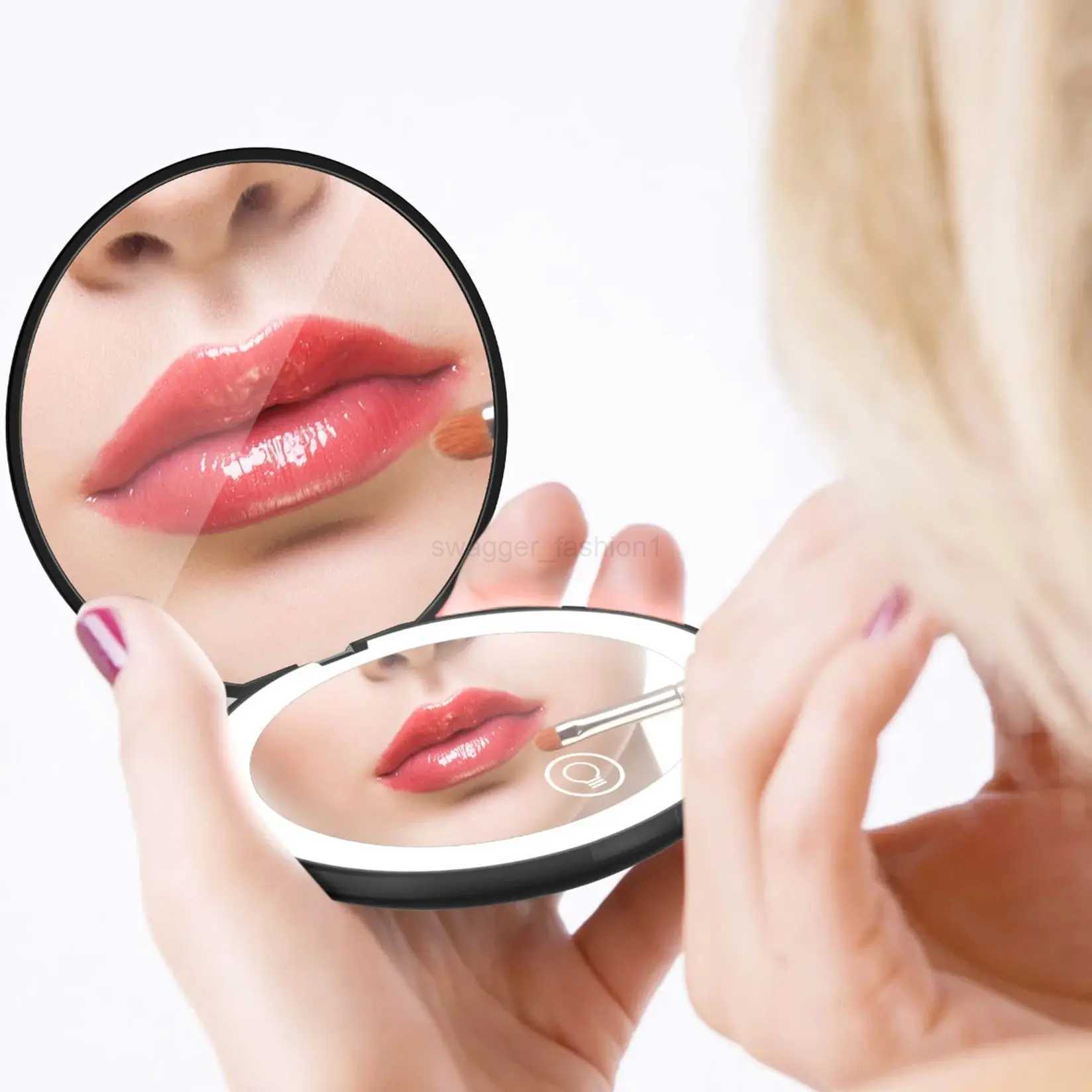Mini Portable Folding Makeup Mirror With Led Lights 5X Magnifying Compact Pocket Travel Mirrors Make Up Tools with Type-C CableXJ240813