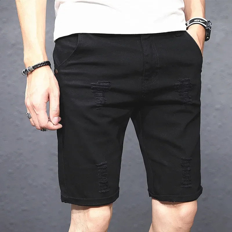 White Ripped Scratched Men Denim Shorts Casual Summer Jeans Elastic Plus Size 36 38 40 42 Black Holes Half Trousers 240812