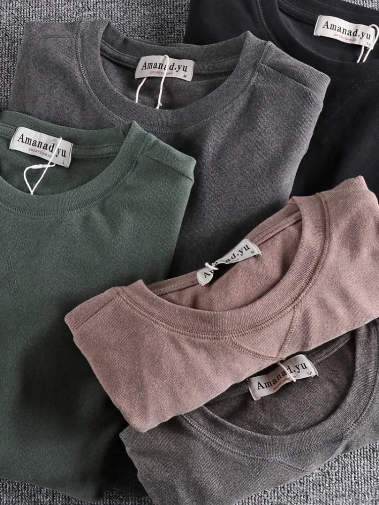 Autumn American Retro Long-sleeved O-neck Soild Color T-shirt Mens Fashion Simple 100% Cotton Washed Casual Sport Tops 240812
