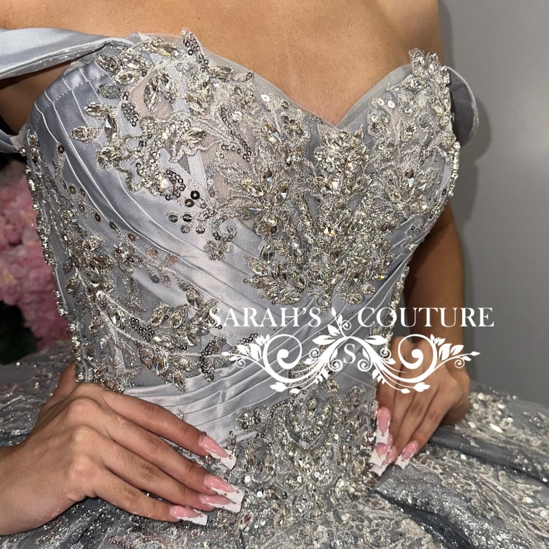Grey Glitter Quinceanera Sweetheart Off Shoulder Appliques Lace Beads Tull Sweet Dress Vestidos De Anos D