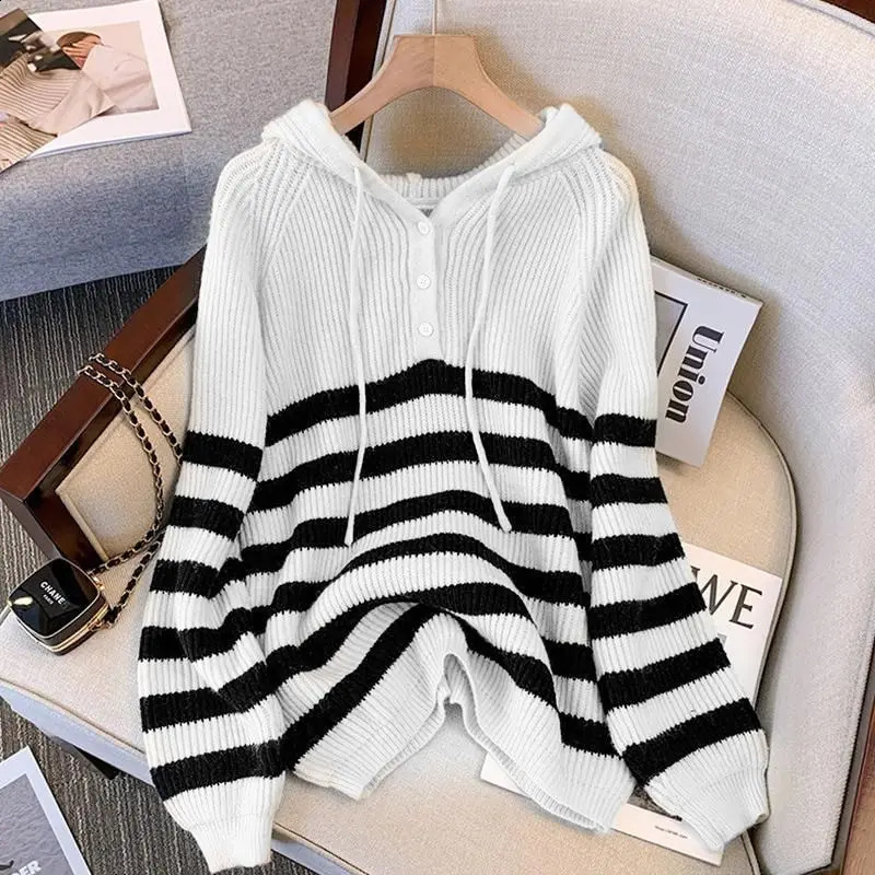 Women Clothing Autumn Winter Trendy Button Striped Hooded Knitted Sweater Casual Streetwear Loose Long Sleeve Pullover Tops 240812