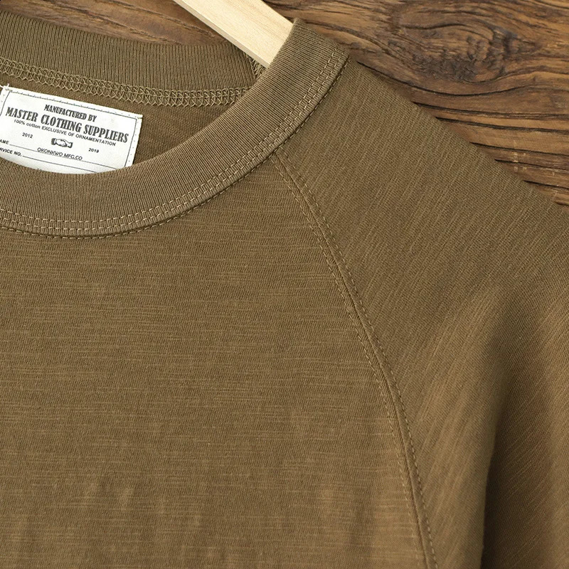 Autumn American Retro 210g Long Sleeve O-neck Solid Color T-shirt Mens Fashion 100% Slub Cotton Washed Casual Loose Tops 240812