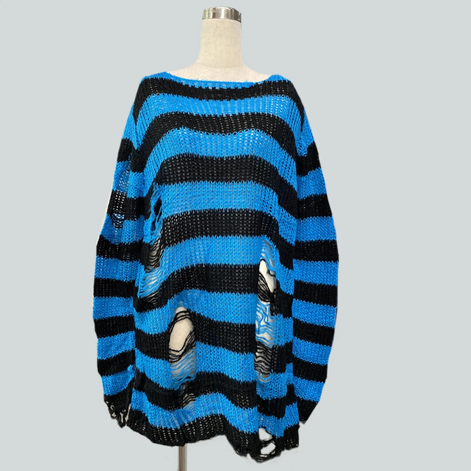Goth Punk Gothic Sweater Oversized Pullovers Women Striped Cool Hollow Out Hole Broken Jumper Harajuku Aesthetics Sweate 240812