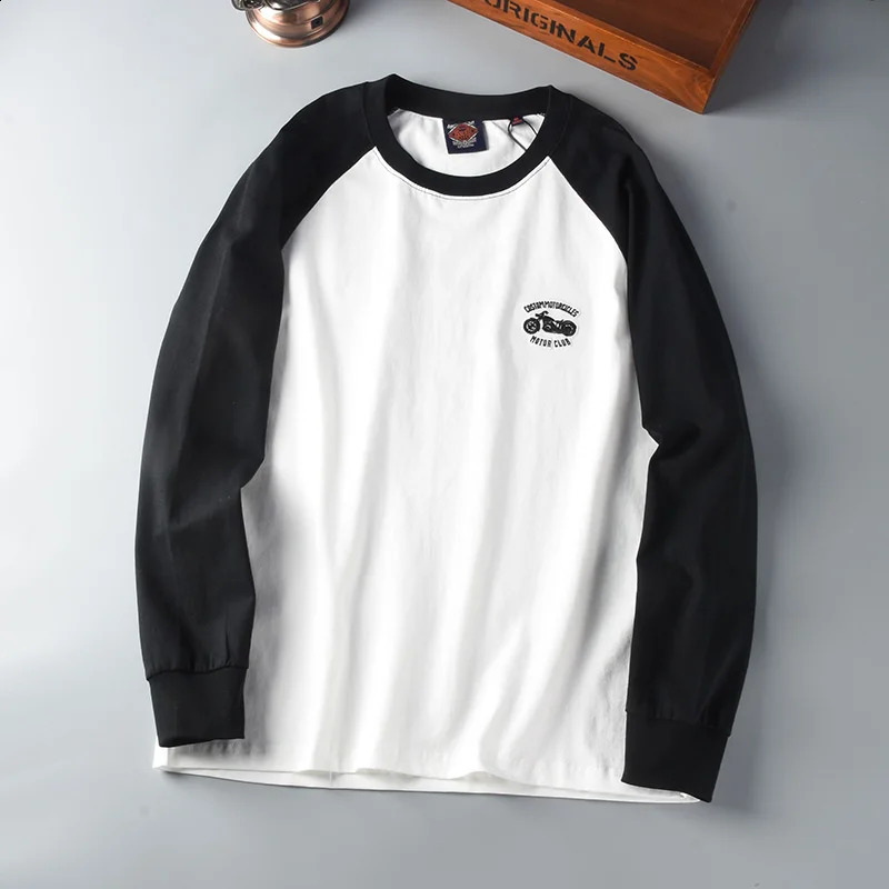 American Retro Long Sleeve O-neck Contrast Splicing Embroidery T-shirt Mens Fashion 100% Cotton Washed Old Casual Sport Tops 240812