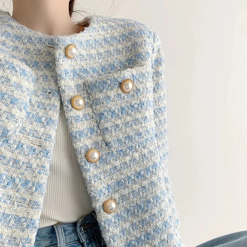Rimocy Elegant Pearls Buttons Crop Jacket Women Korean Fashion Round Neck Tweed Coat Womans Pockets Chic Short Coats Female 240812