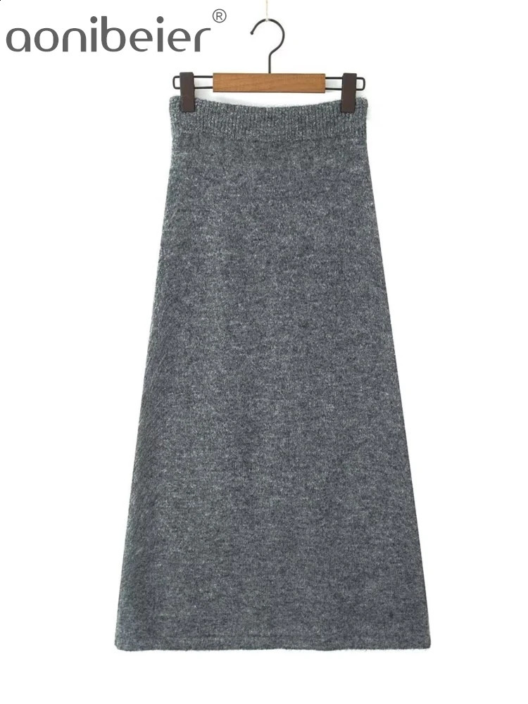 Aonibeier Grey Knitted Womens Set Traf Autumn Vneck Loose Sweater Pulley Top Elastic Waist Long Skirt 240809
