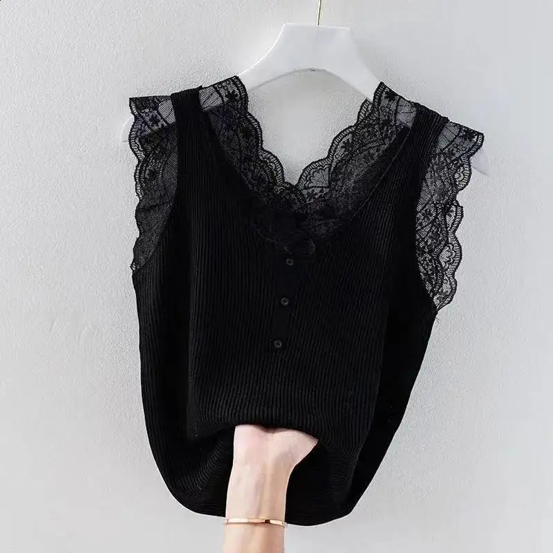 Ice Camisole Womens Summer Oversized Tank Top Fashionable Splicing Lace T-shirt Bottoming Knitwear Womens Top 240813