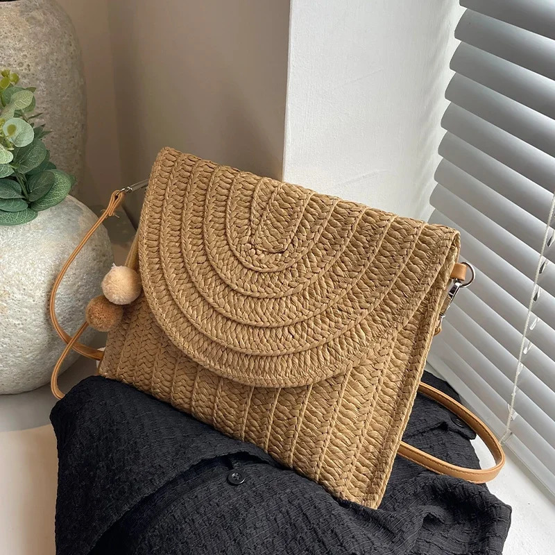 2024 Summer Handbag Clutch Bag For Women Fashion Khaki Straw Simple Small Beach Crossbody Phone Purse Flap Envelope 240812