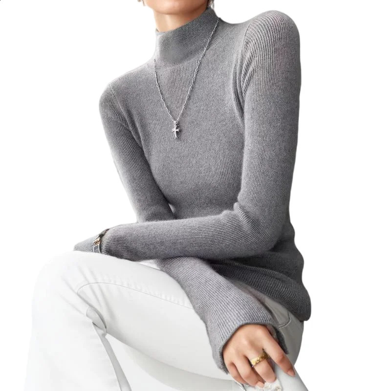Autumn Winter Basic Knitted Womens Korean Fashion Half Turtle Neck Pulling Warm Sweater Long Sleeve Ultra Thin Top 240812