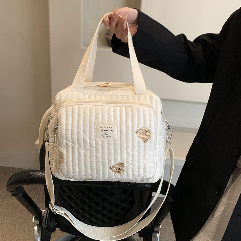 Cute Bear Flower Embroidery Pattern Baby Beige Cotton Fabric Zipper Diaper Handbag New Lage Bag