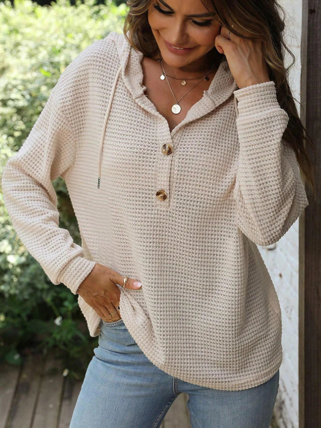 autumnwinter solid color hooded button loose long sleeved hoodie for women 240813